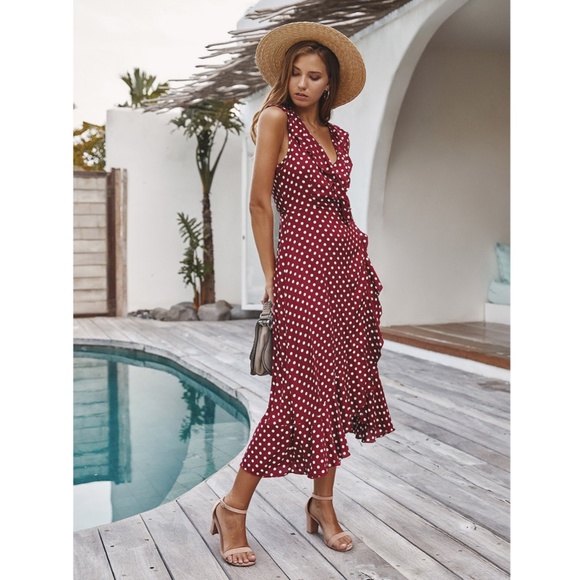 Burgundy Polka Dot Wrap Midi Dress - Picture 6 of 9